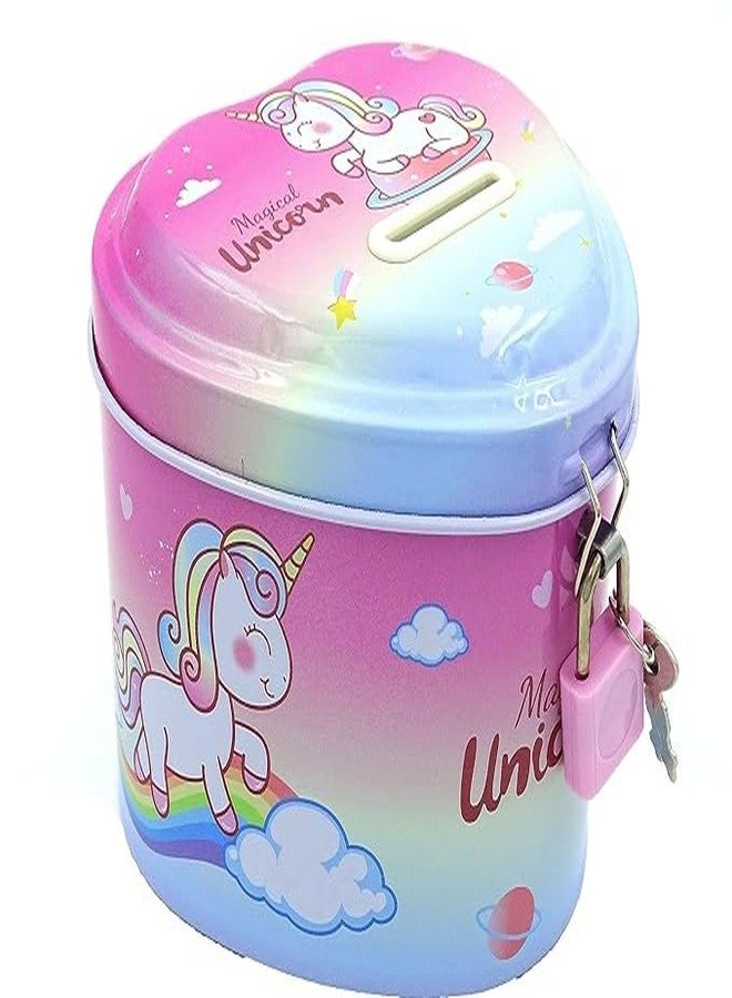 RETRIX Space-Themed Metal Heart Shape Piggy Money Bank Gullak for Kids with Lock and Key, Coin Savings Box for Boys & Girls, Perfect Birthday Return Gift (Unicorn Pink) - Image 2